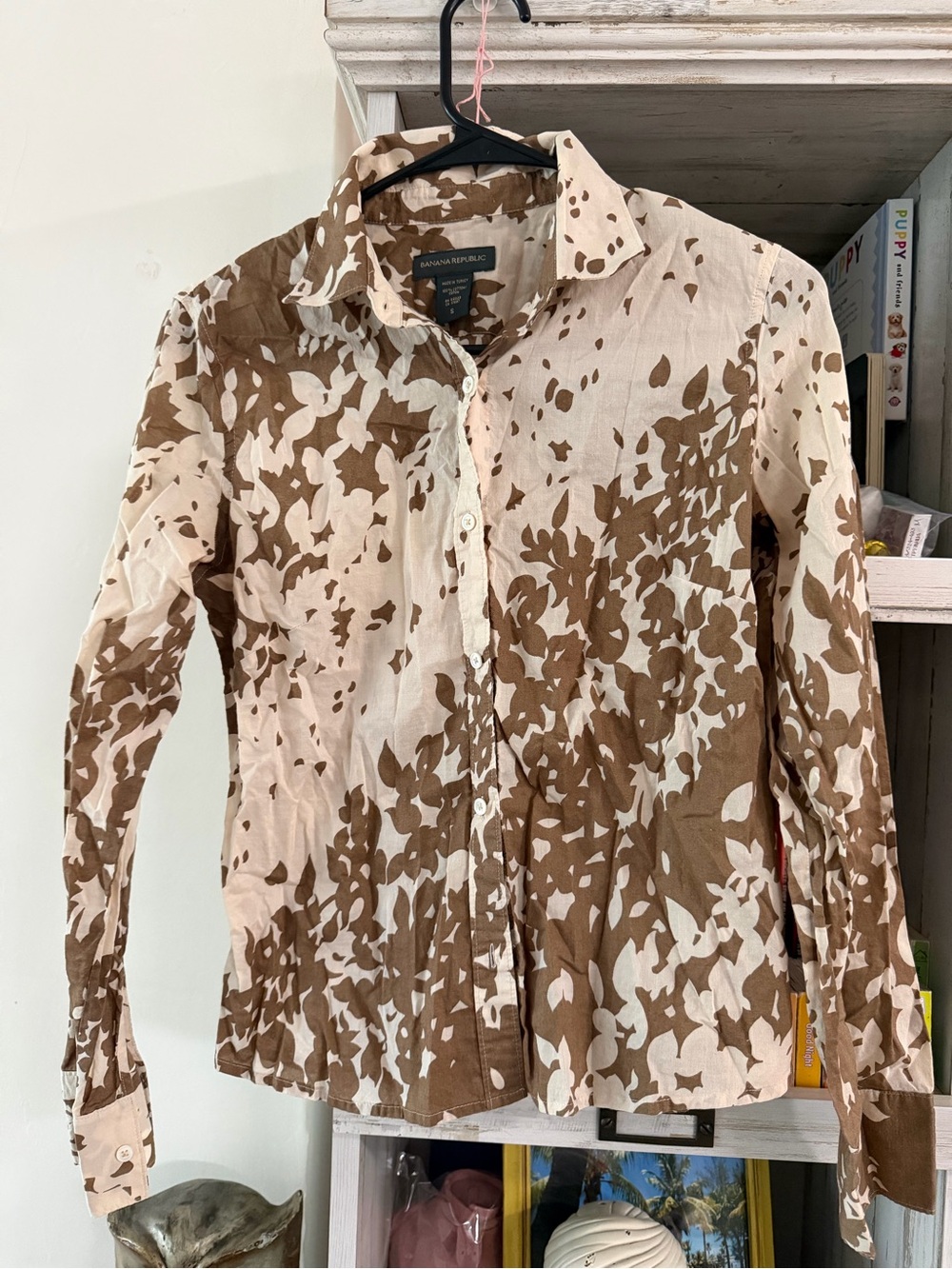 Banana Republic Brown and Cream Floral Blouse Sz S